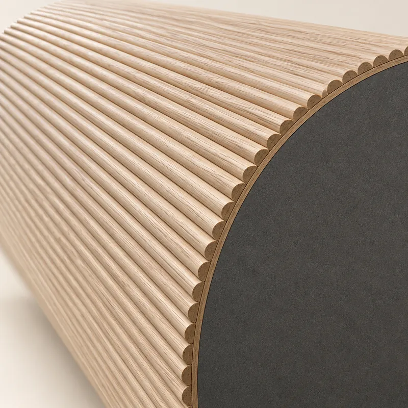 Curved reeded oak element for a rounded island end or reception desk