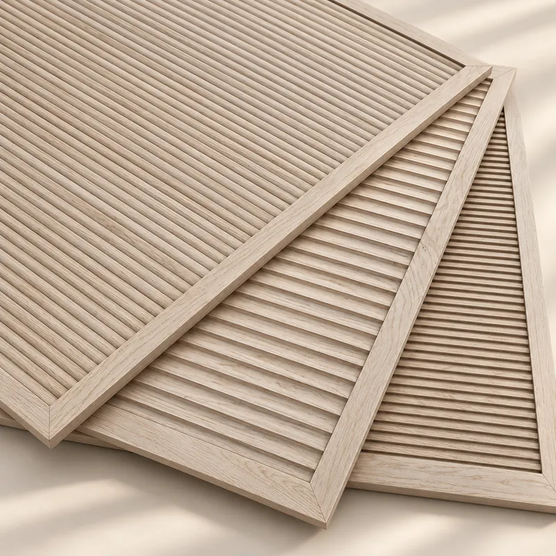 Three framed fluted oak panels fanned out