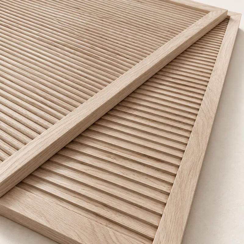 Two oak framed fluted cabinet fronts stacked