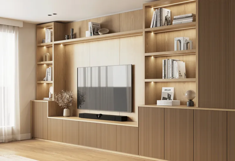 Alternative oak fluted media wall layout with tall bookcase