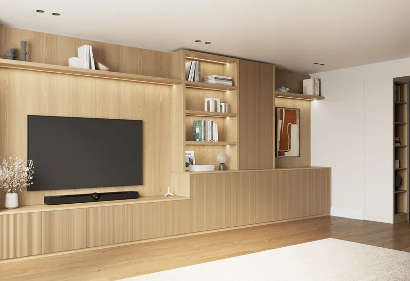 Angled view of an oak fluted TV wall with stepped base unit