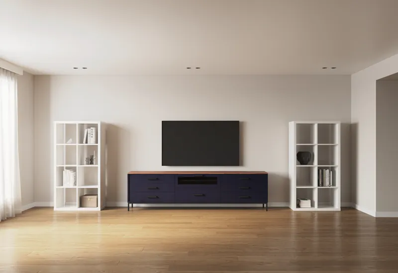 Living room before the fitted media wall, with freestanding TV cabinet