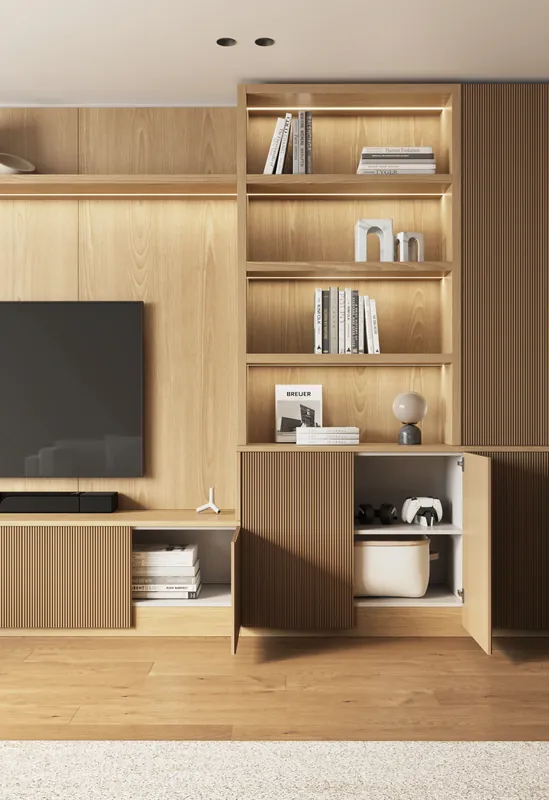 Oak fluted cabinet doors open to show console storage