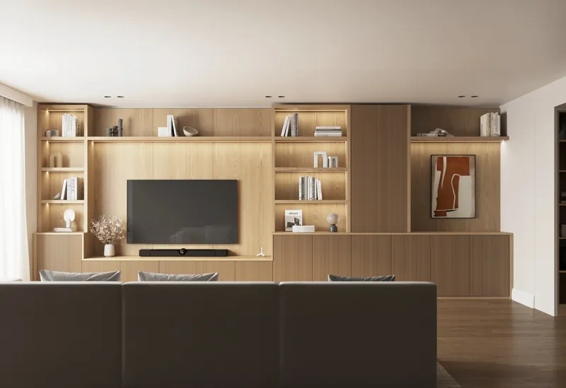 Living room design with oak fluted TV unit, shelving and wall panelling