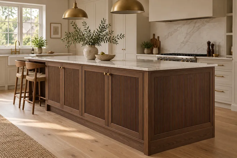 Kitchen island clad in walnut fluted panels with stone worktop and bar stools