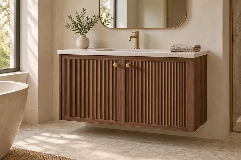 Wall-hung walnut fluted vanity unit with stone top in a bright bathroom