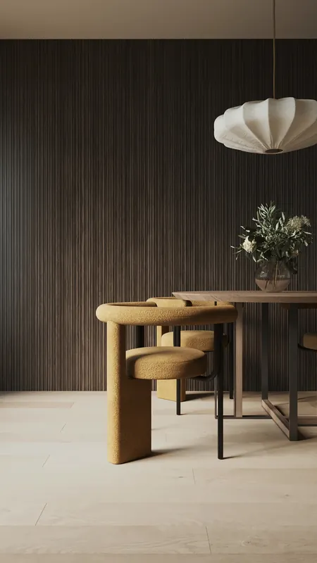 Restaurant-style dining table against dark fluted timber wall