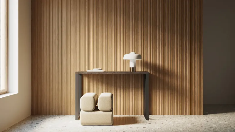 Hallway console in front of a fine-fluted oak wall on terrazzo floor