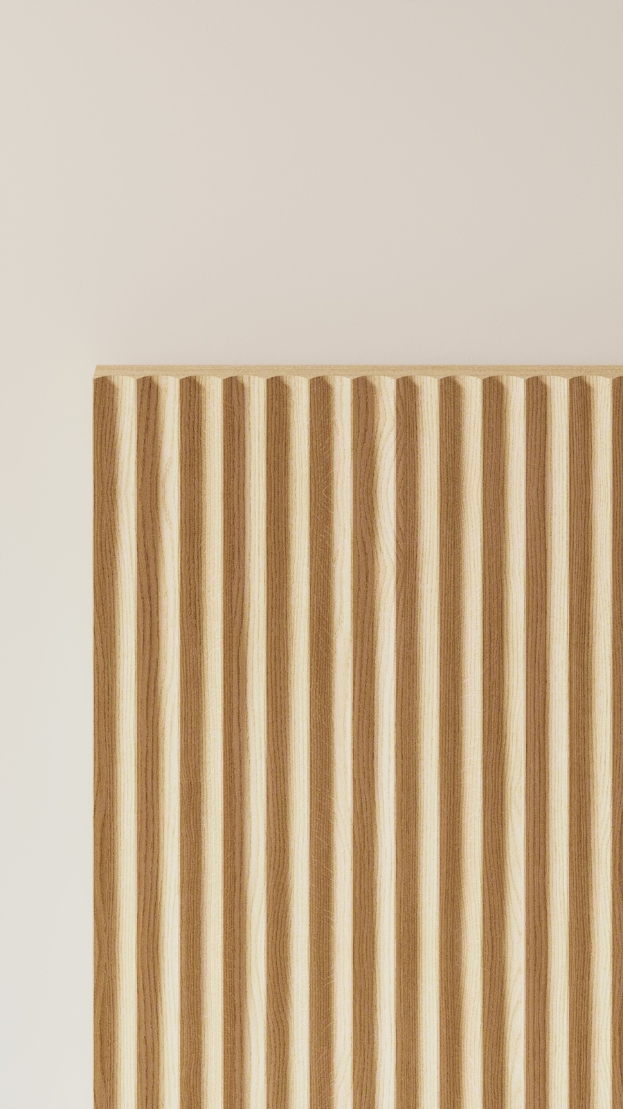 Close detail of a light real timber fluted panel with sculpted vertical grooves