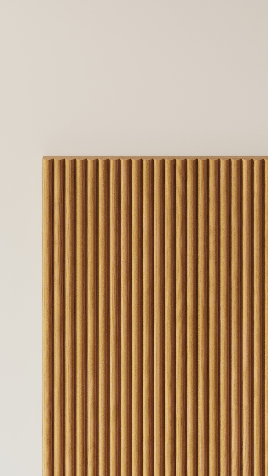 Close detail of a warm real timber reeded panel with rounded vertical ribs