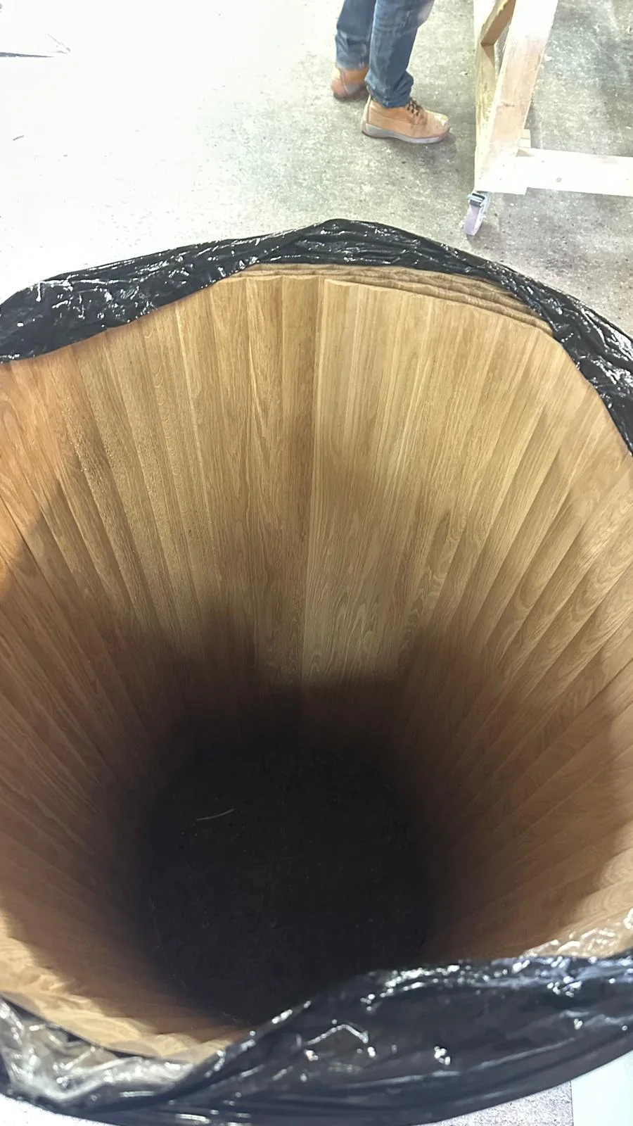 Curved real timber panel under production for bespoke commercial interior joinery