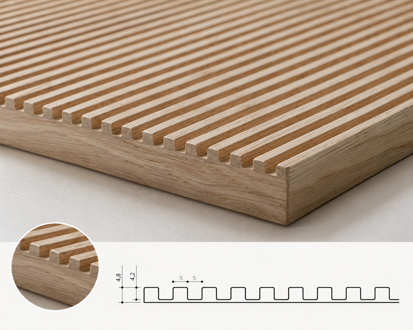 Oxford fluted timber profile technical cross-section drawing with dimensions