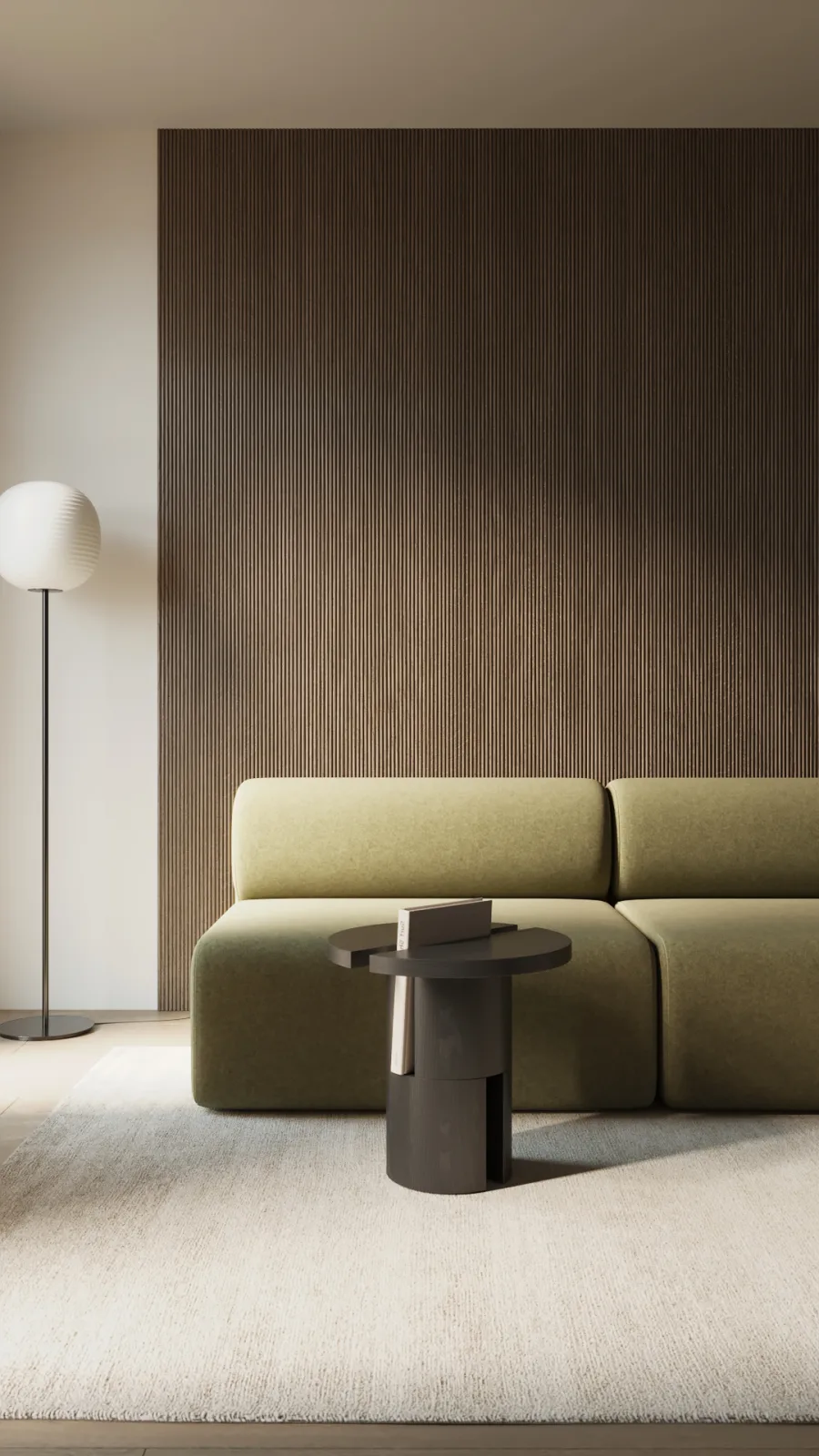 Made-to-measure dark timber fluted panels in a refined living interior