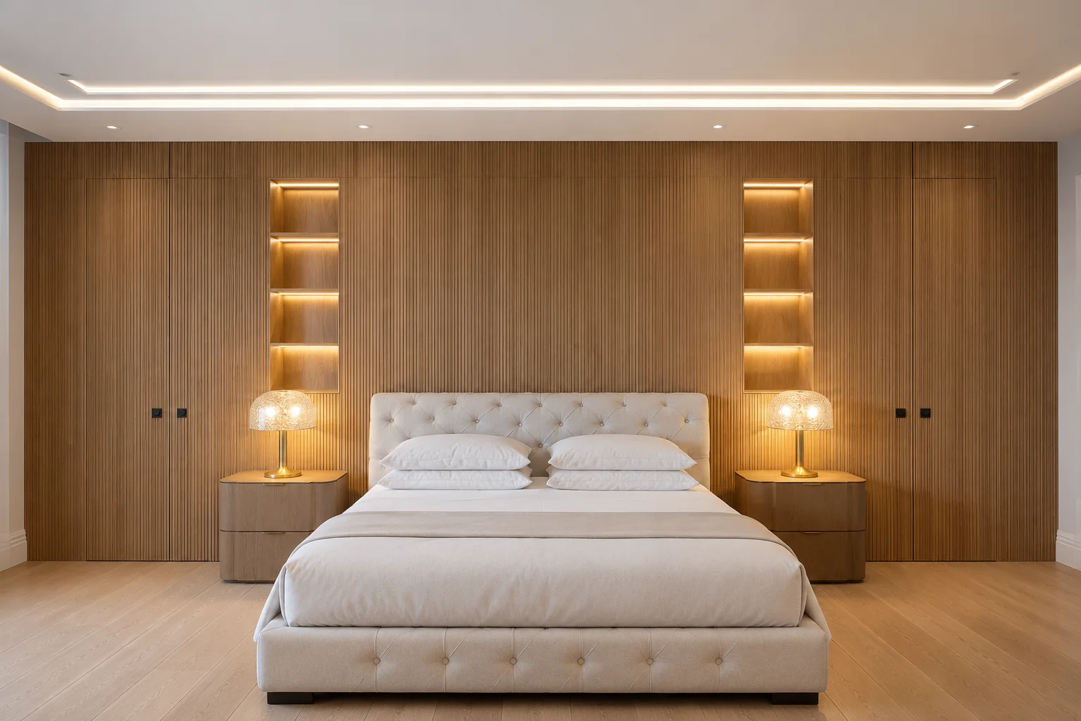 Natural oak Westminster fluted joinery in a Weybridge bedroom
